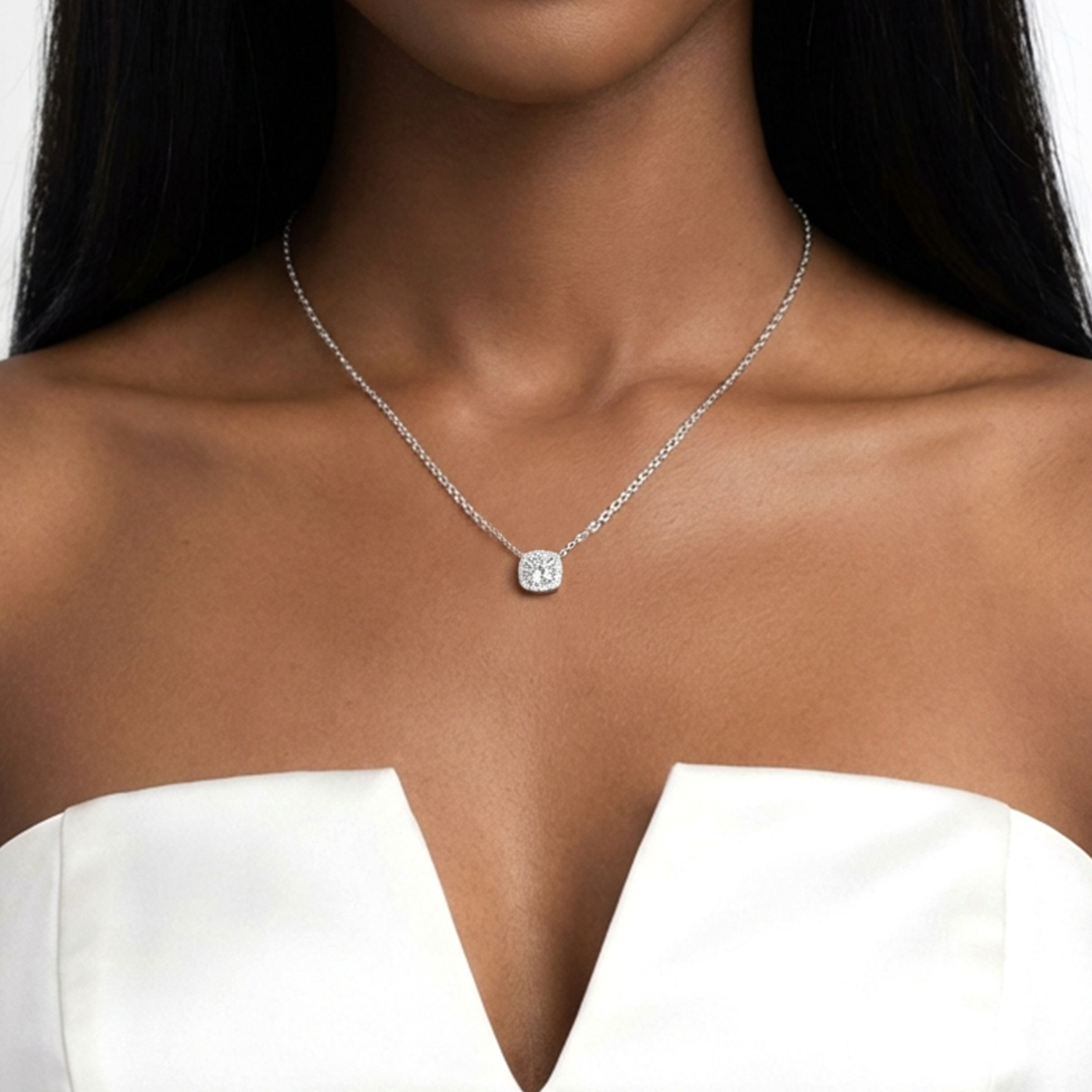 MONIQUE Square Solitaire White CZ Diamond Necklace in Rhodium Over Sterling Silver
