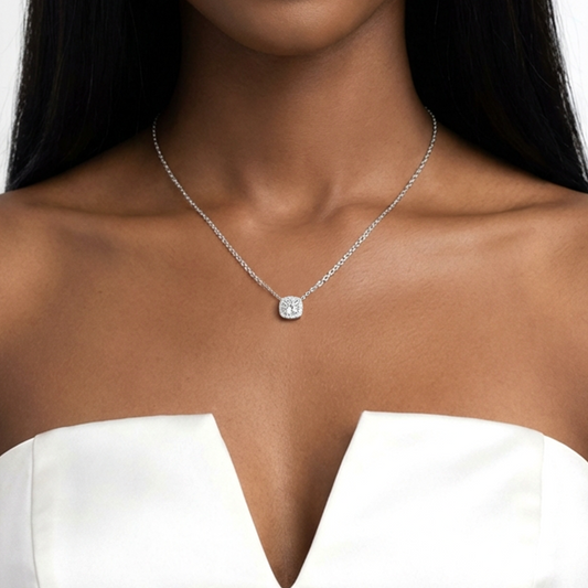 MONIQUE Square Solitaire White CZ Diamond Necklace in Rhodium Over Sterling Silver