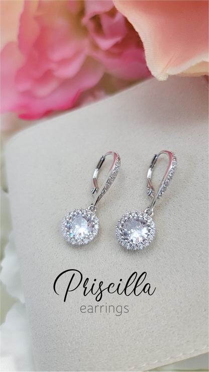 PRISCILLA White CZ Diamond Simulant Halo Round Drop Earrings in Rhodium Over Sterling Silver
