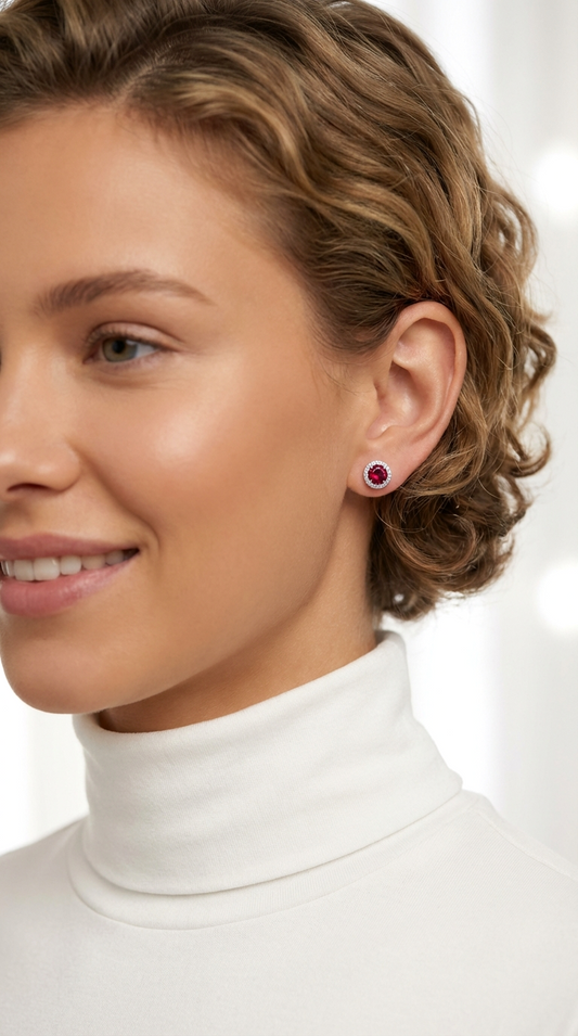 MYRLENE Round Halo Ruby and White CZ Diamond Stud Earrings in Rhodium Over Sterling Silver