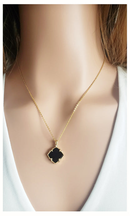 NICHOLE 2-pce Jewelry Set, Black Onyx Four Leaf Clover Earrings & Necklace 14K Gold Plated