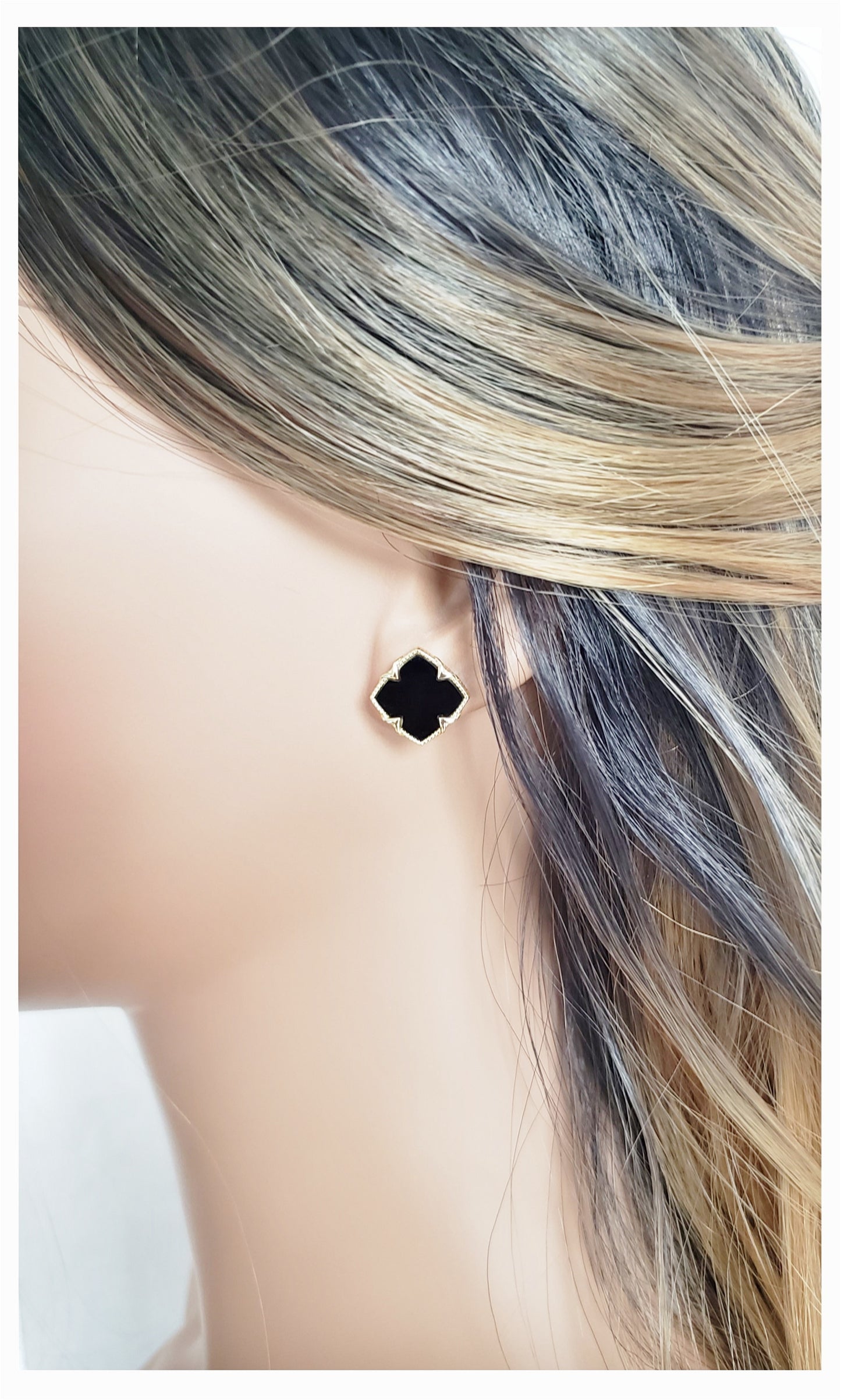 NICHOLE 2-pce Jewelry Set, Black Onyx Four Leaf Clover Earrings & Necklace 14K Gold Plated