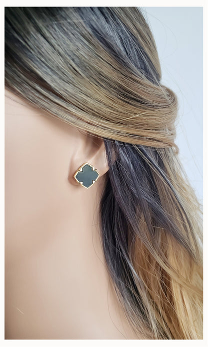 NICHOLE 2-pce Jewelry Set, Black Onyx Four Leaf Clover Earrings & Necklace 14K Gold Plated