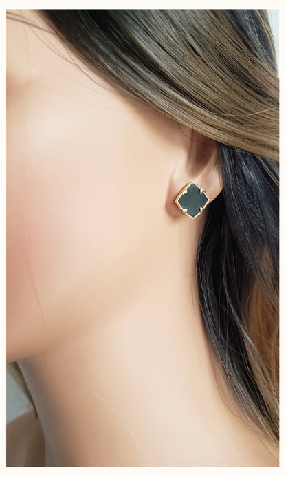 NICHOLE 2-pce Jewelry Set, Black Onyx Four Leaf Clover Earrings & Necklace 14K Gold Plated