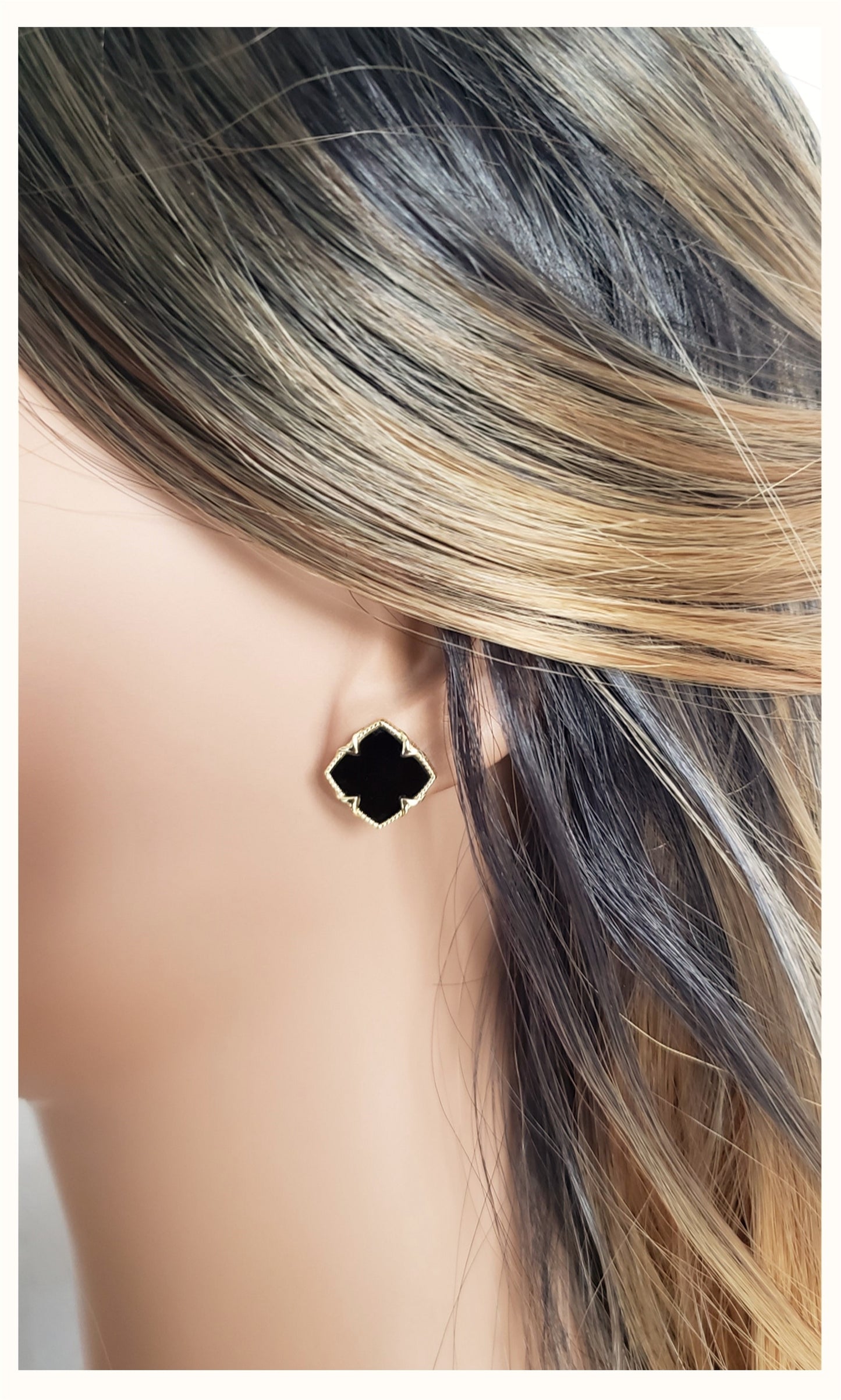 NICHOLE 2-pce Jewelry Set, Black Onyx Four Leaf Clover Earrings & Necklace 14K Gold Plated