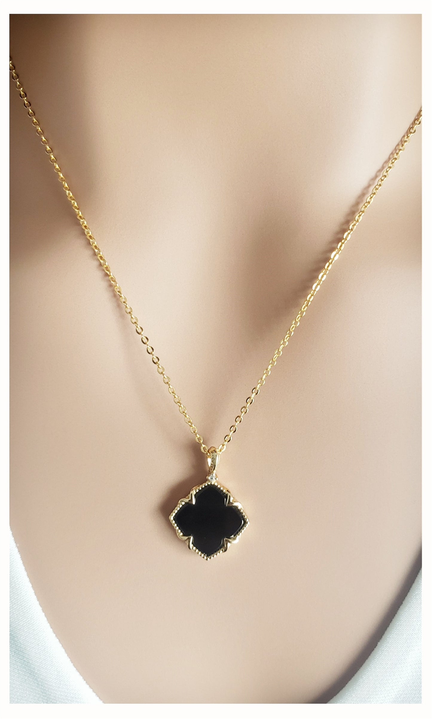 NICHOLE 2-pce Jewelry Set, Black Onyx Four Leaf Clover Earrings & Necklace 14K Gold Plated