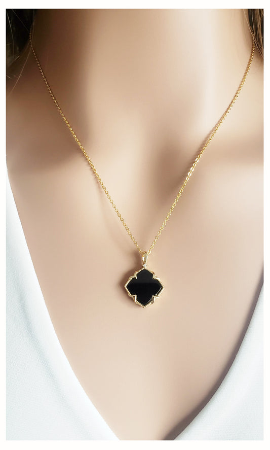 NICHOLE Black Onyx Four Leaf Clover Necklace Pendant 14K Gold Plated