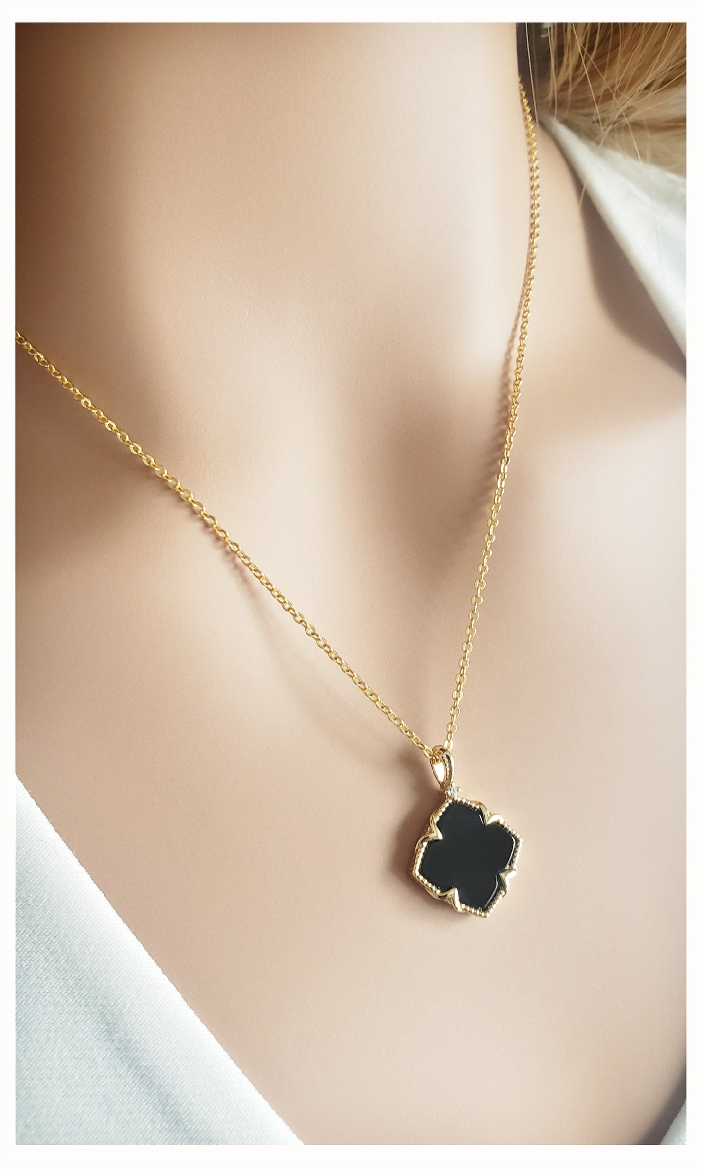 NICHOLE 2-pce Jewelry Set, Black Onyx Four Leaf Clover Earrings & Necklace 14K Gold Plated