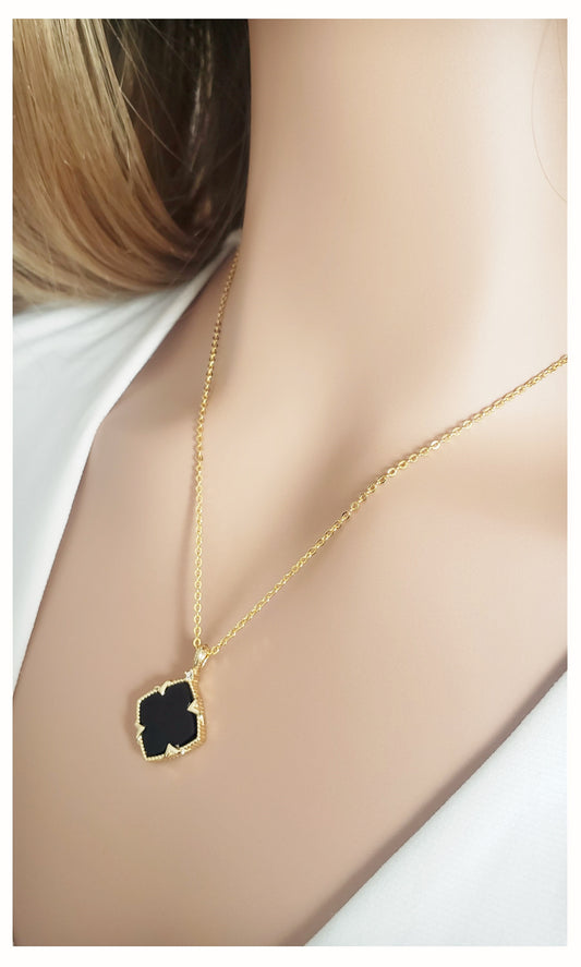 NICHOLE 2-pce Jewelry Set, Black Onyx Four Leaf Clover Earrings & Necklace 14K Gold Plated