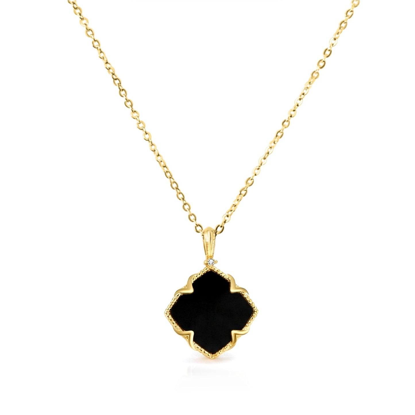 NICHOLE Black Onyx Four-Leaf Clover Pendant Necklace 14K Gold Over Sterling Silver