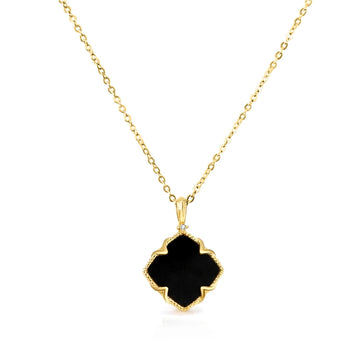 NICHOLE Black Onyx Four-Leaf Clover Pendant Necklace in 14K GP