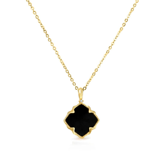 NICHOLE Black Onyx Four-Leaf Clover Pendant Necklace 14K Gold Over Sterling Silver