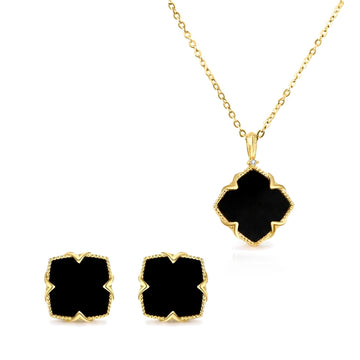 NICHOLE 2-Piece Black Onyx Four-Leaf Clover Earrings & Necklace Set in 14K GP