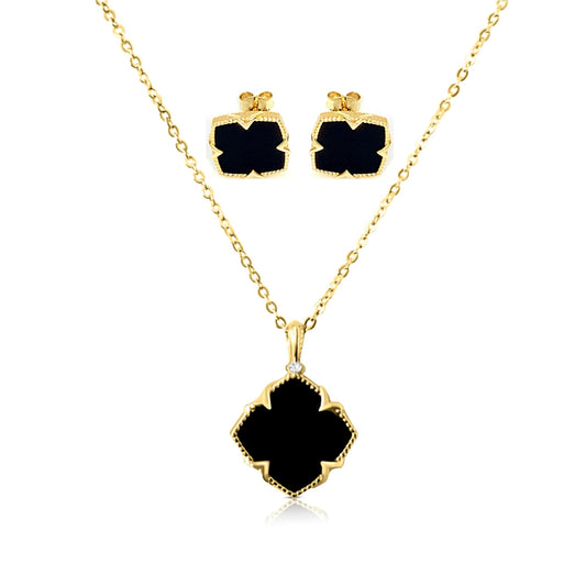 NICHOLE 2-pce Jewelry Set, Black Onyx Four Leaf Clover Earrings & Necklace 14K Gold Plated