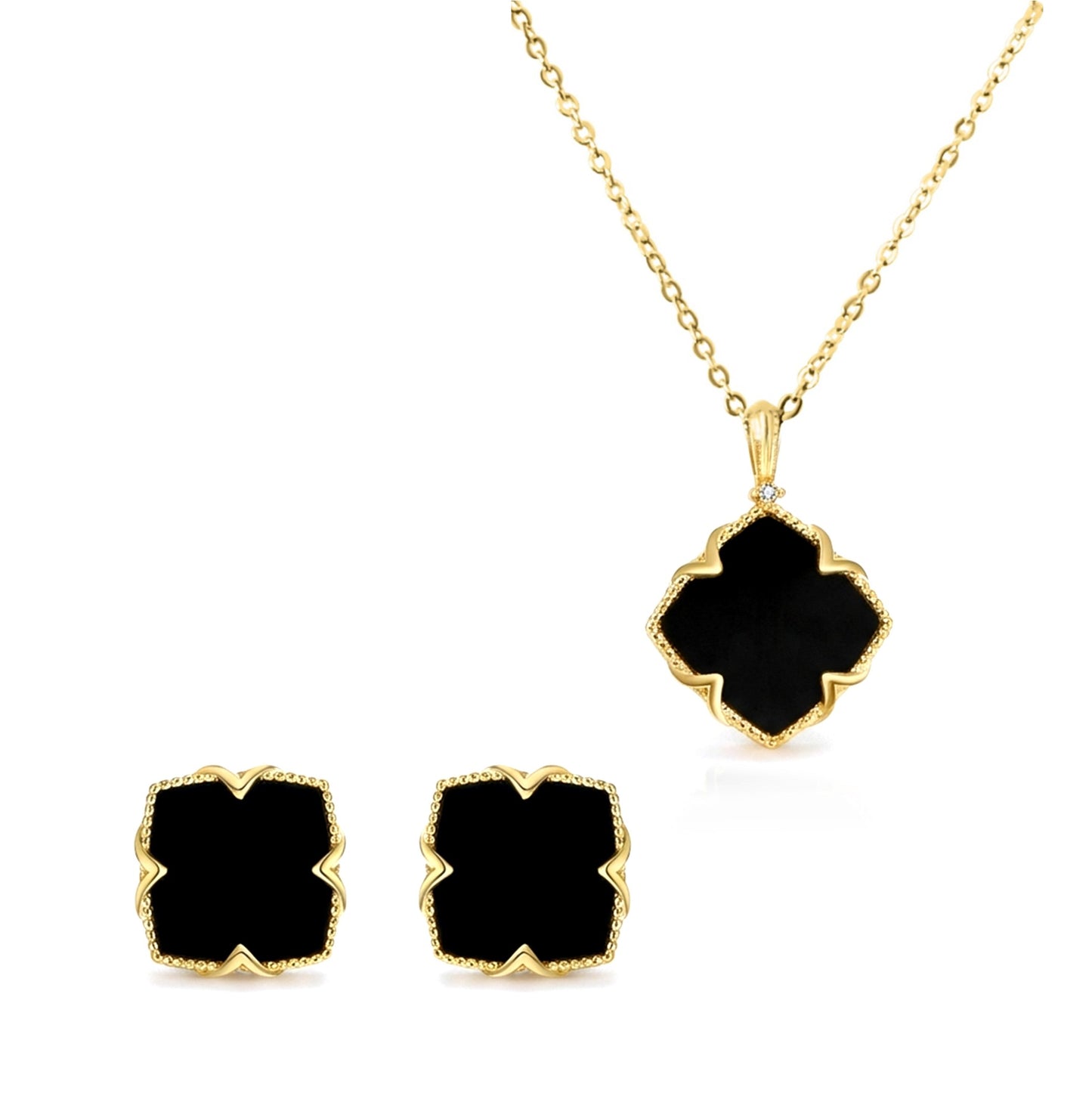 NICHOLE Black Onyx Four-Leaf Clover Pendant Necklace 14K Gold Over Sterling Silver