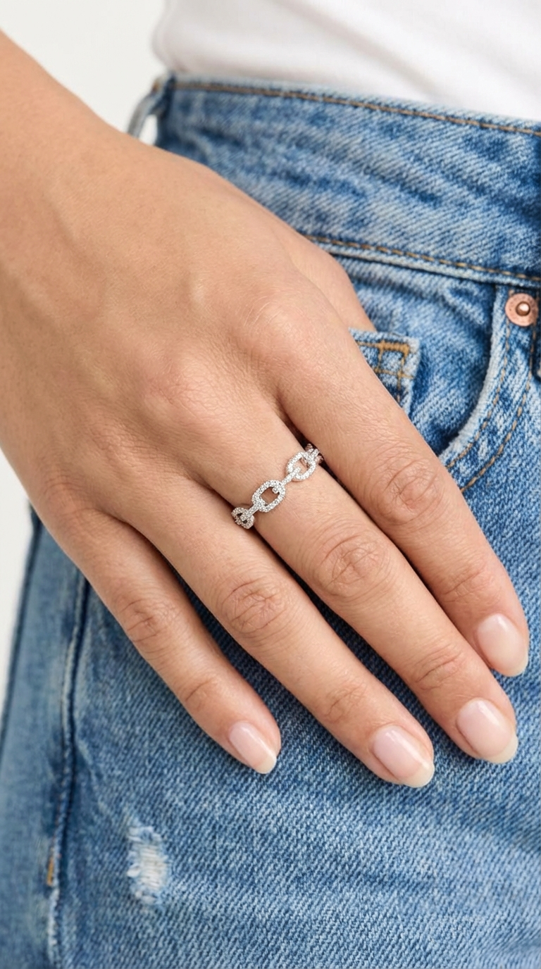 NAANA Chain Link Ring in Rhodium Over Sterling Silver