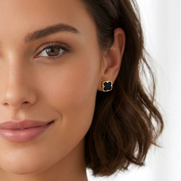 NICHOLE Black Onyx Four-Leaf Clover Stud Earrings in 14K GP