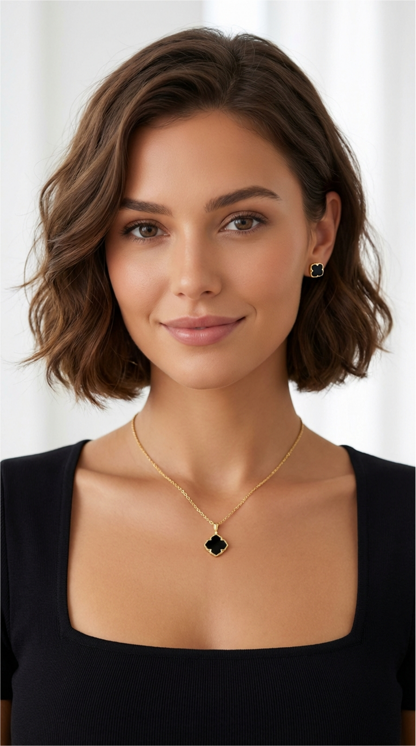 NICHOLE Black Onyx Four-Leaf Clover Earrings, Necklace Set in 14K Gold Over Sterling Silver