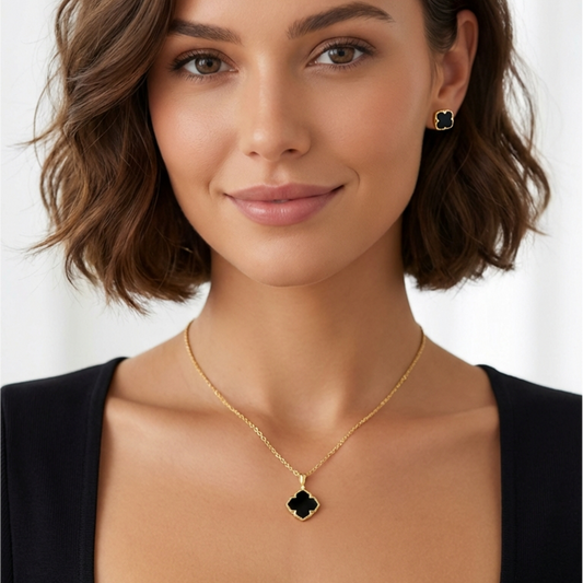 NICHOLE Black Onyx Four-Leaf Clover Earrings, Necklace Set in 14K Gold Over Sterling Silver