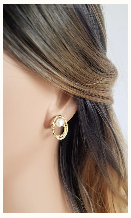 OLIVIA Double Open Circle Pearl Earrings 14K Gold Plated