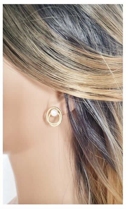 OLIVIA Double Open Circle Pearl Earrings 14K Gold Plated