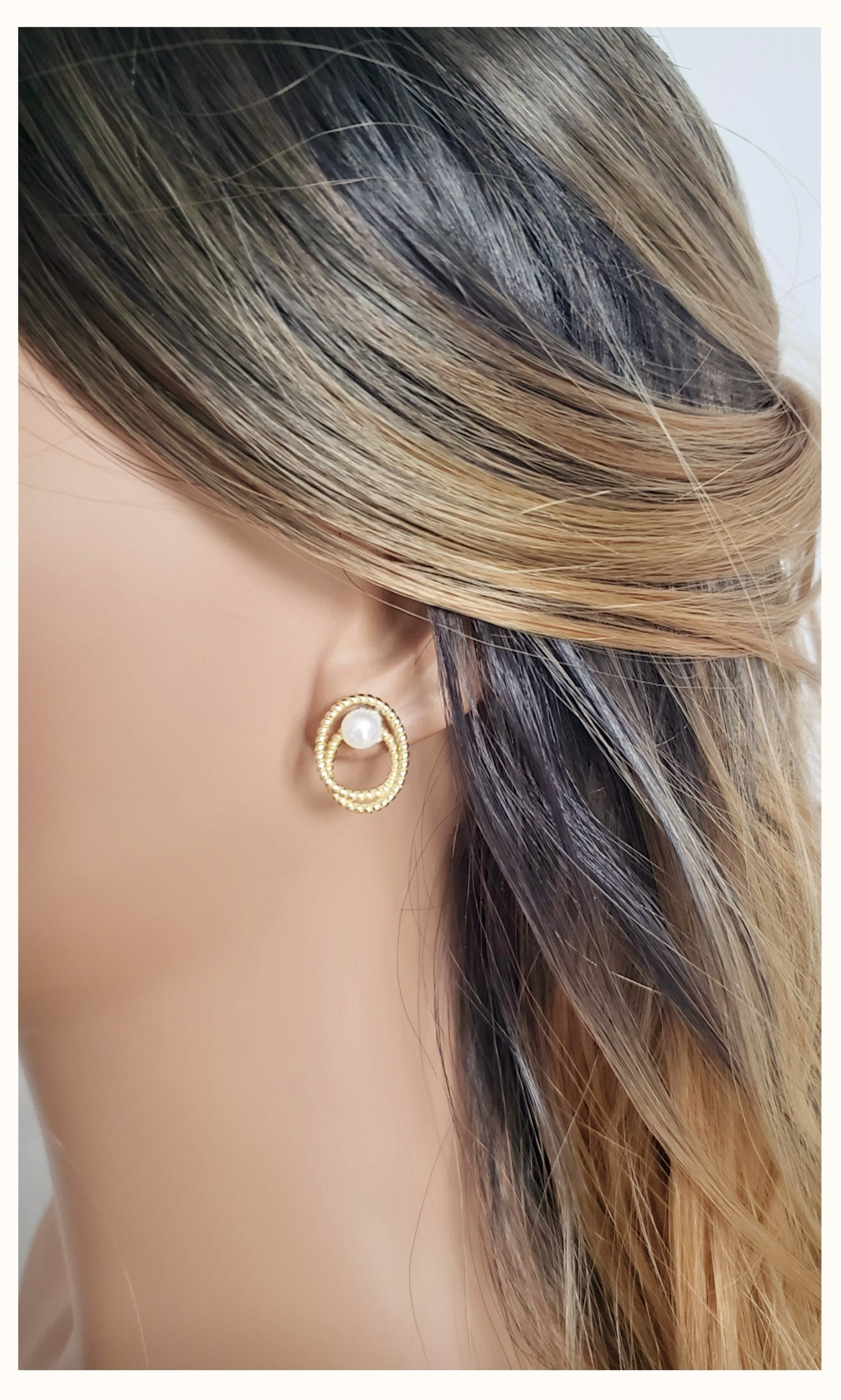 OLIVIA Double Open Circle Pearl Earrings 14K Gold Plated
