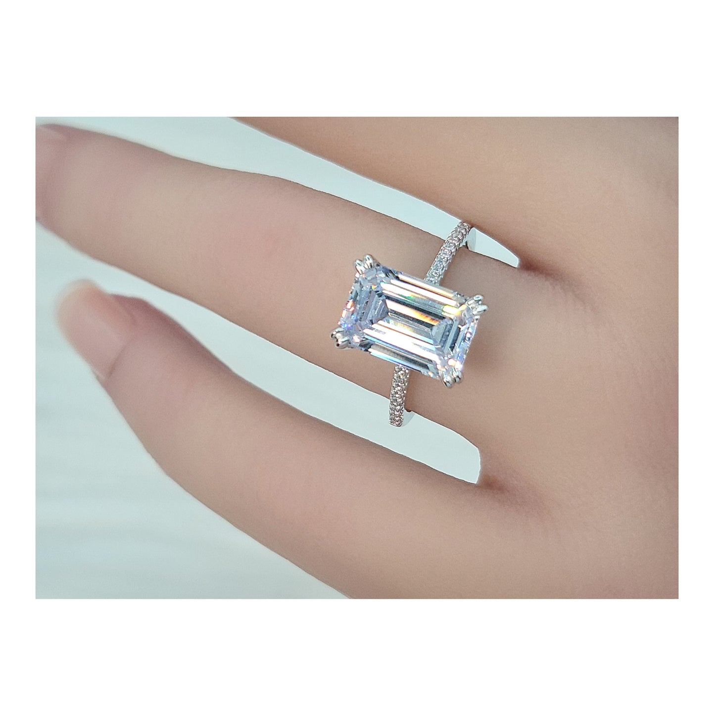 PHOEBE Emerald Cut Pave White CZ Diamond Simulant Ring in Rhodium Over Sterling Silver