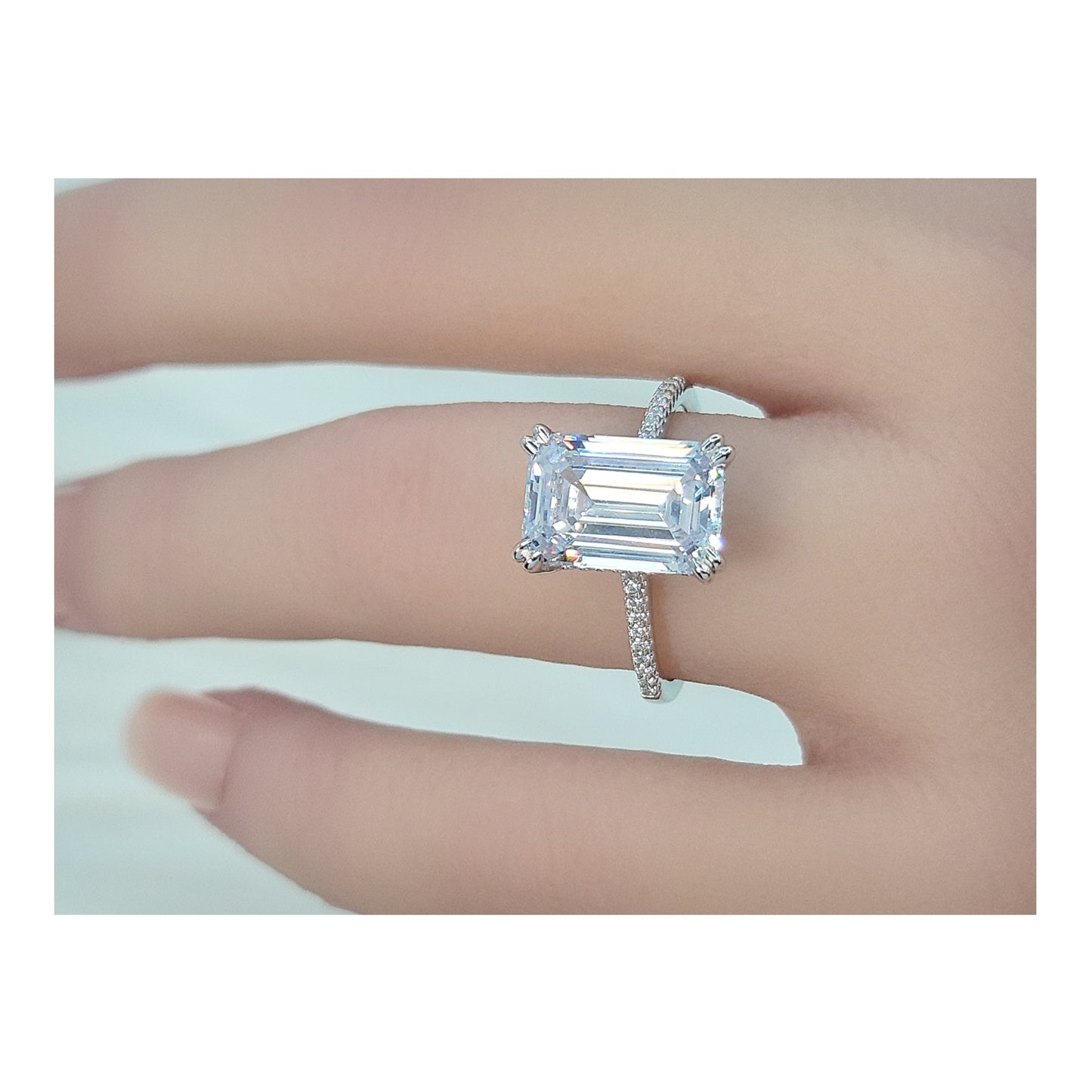 PHOEBE Emerald Cut Pave White CZ Diamond Simulant Ring in Rhodium Over Sterling Silver