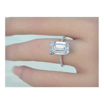 PHOEBE Emerald Cut Pave White CZ Diamond Simulant Ring in Rhodium Over Sterling Silver