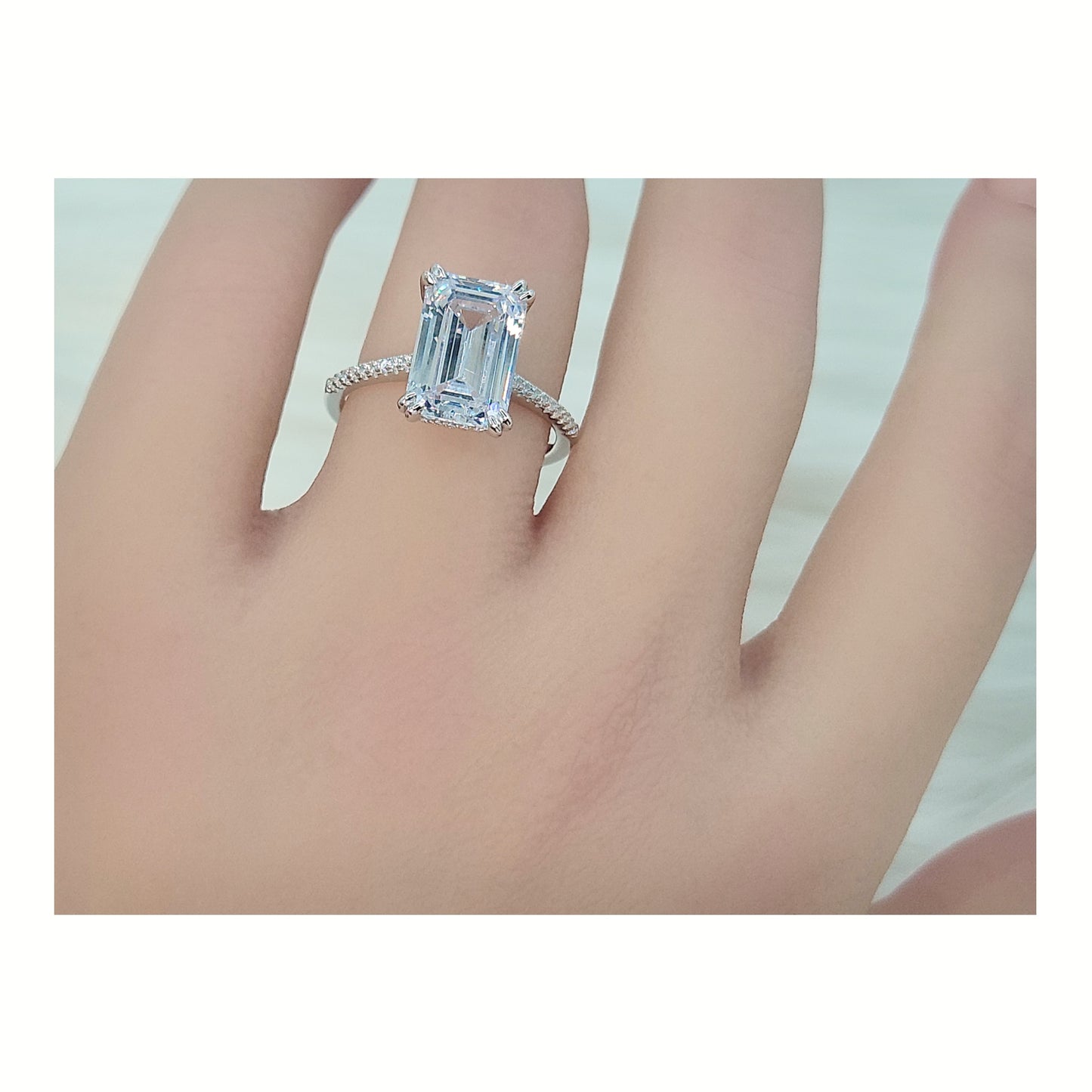 PHOEBE Emerald Cut Pave White CZ Diamond Simulant Ring in Rhodium Over Sterling Silver