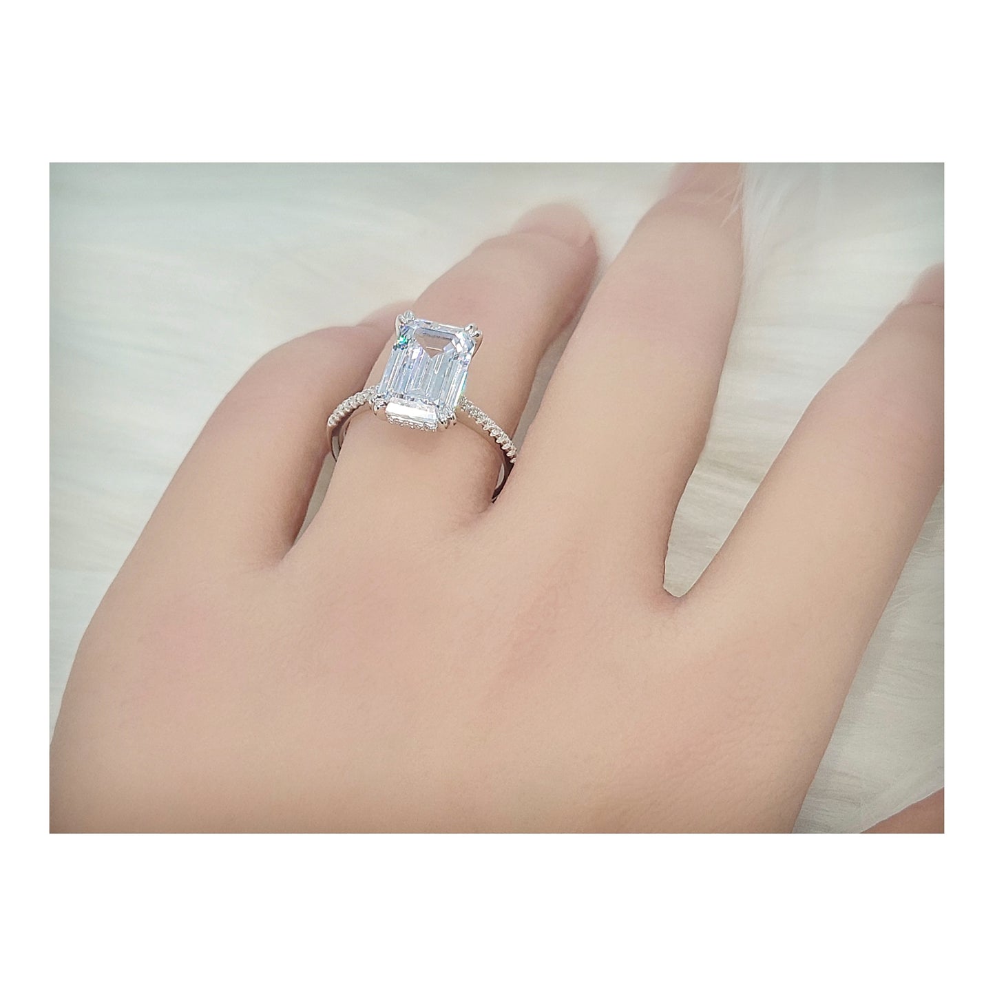PHOEBE Emerald Cut Pave White CZ Diamond Simulant Ring in Rhodium Over Sterling Silver