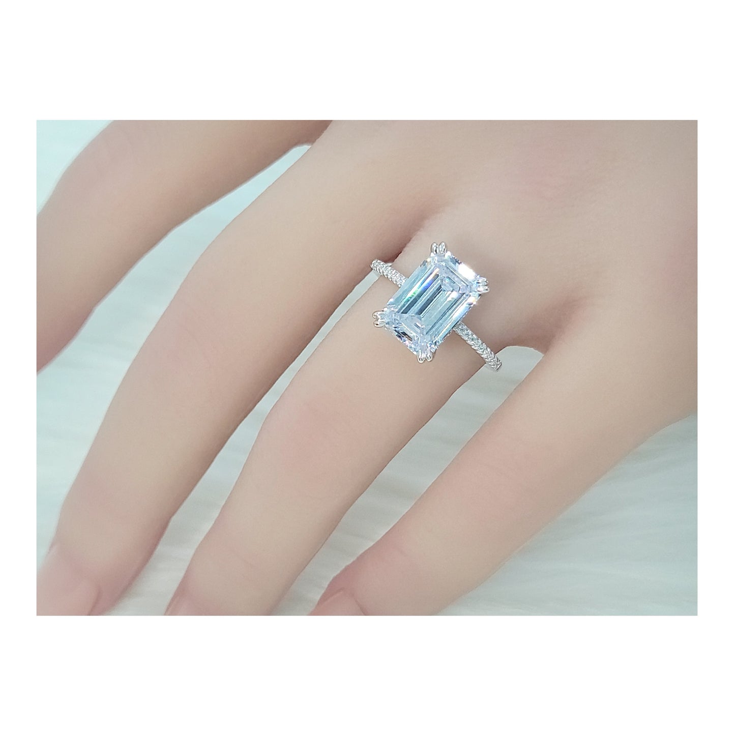 PHOEBE Emerald Cut Pave White CZ Diamond Simulant Ring in Rhodium Over Sterling Silver