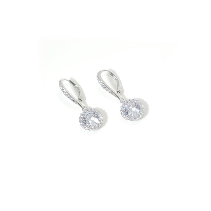 PRISCILLA White CZ Diamond Simulant Halo Round Drop Earrings in Rhodium Over Sterling Silver