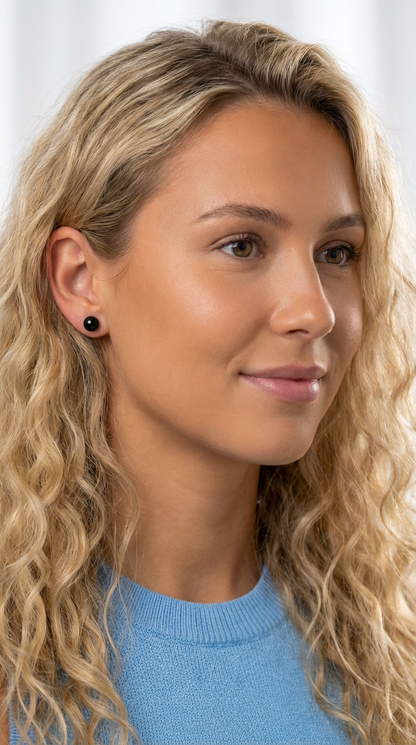 PAULA 6MM Black Onyx Stud Earrings in Rhodium Over Sterling Silver