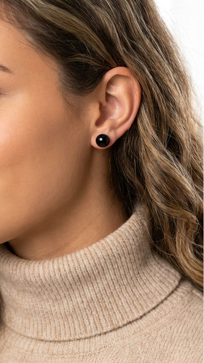 PAULA 8MM Black Onyx Stud Earrings in Rhodium Over Sterling Silver