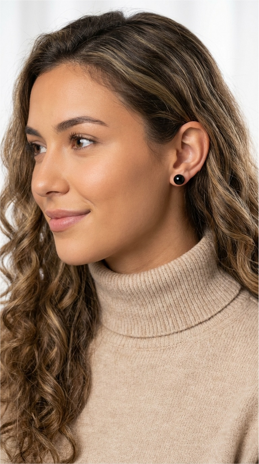 PAULA 8MM Black Onyx Stud Earrings in Rhodium Over Sterling Silver