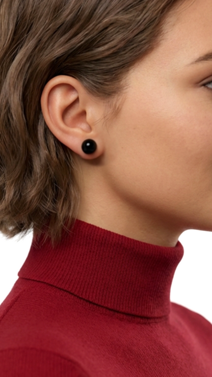 PAULA 8MM Black Onyx Stud Earrings in Rhodium Over Sterling Silver