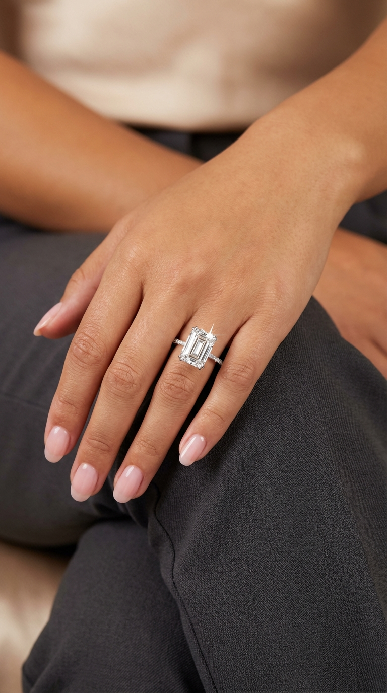 PHOEBE Emerald Cut Pave White CZ Diamond Ring in Rhodium Over Sterling Silver