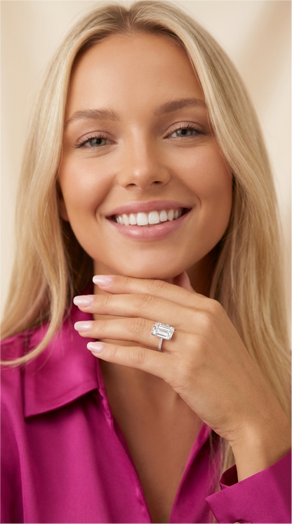 PHOEBE Emerald Cut Pave White CZ Diamond Ring in Rhodium Over Sterling Silver