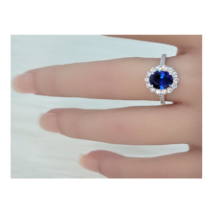 DIANA Oval Blue Halo Ring in Sterling Silver