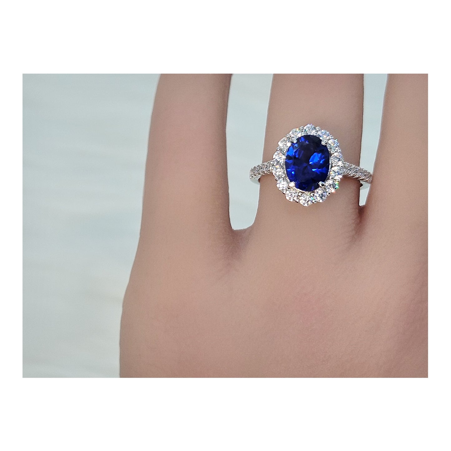 DIANA Oval Blue Halo Ring in Sterling Silver