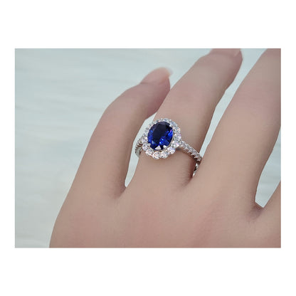 DIANA Oval Blue Halo Ring in Sterling Silver