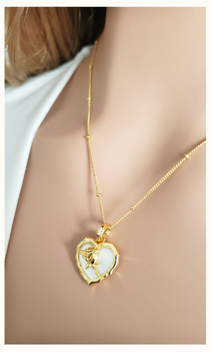 ROSE Mother-Of-Pearl Heart Necklace Pendant 18K Gold Plated