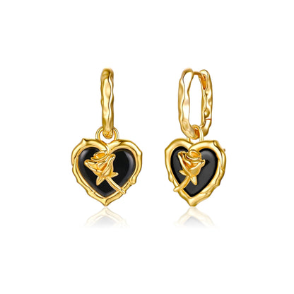 ROSE Black Onyx Heart Earrings 18K Gold Over Sterling Silver