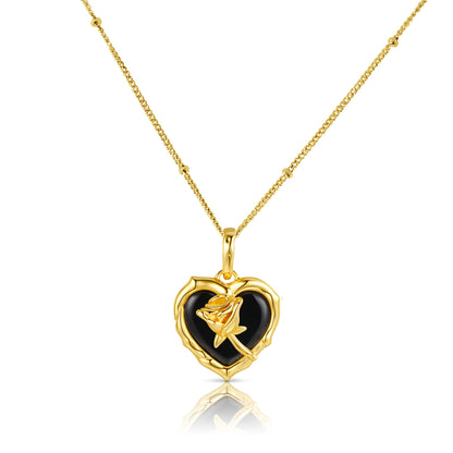 ROSE 3-Piece Jewelry Set, Black Onyx Heart Earrings, Necklace & Ring 18K Gold Plated