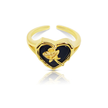 ROSE Black Onyx Heart Ring Adjustable in 18K GP
