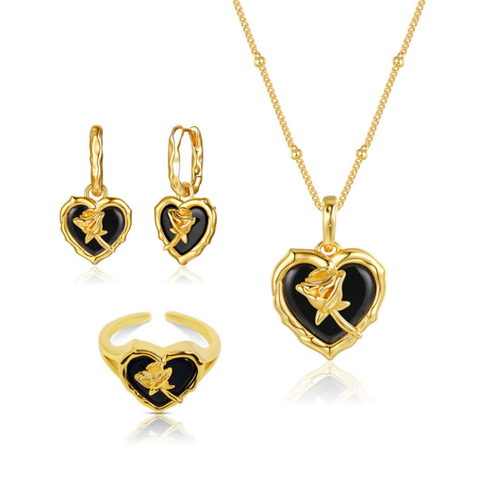 ROSE Black Onyx Heart Earrings, Necklace, Ring Set in 18K Gold Over Sterling Silver