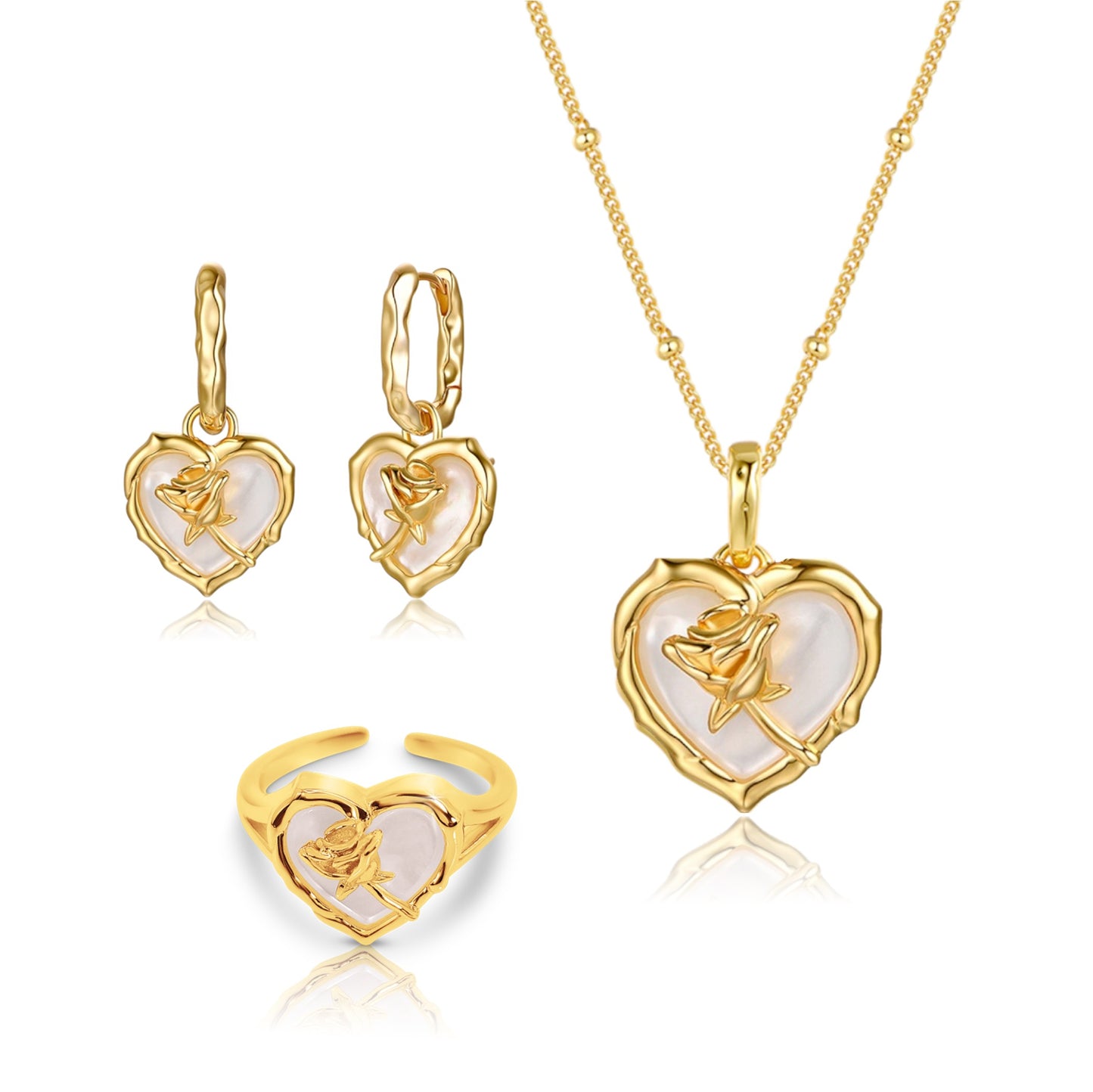 ROSE Mother-Of-Pearl Heart Earrings, Necklace, Ring Set in 18K Gold Over Sterling Silver