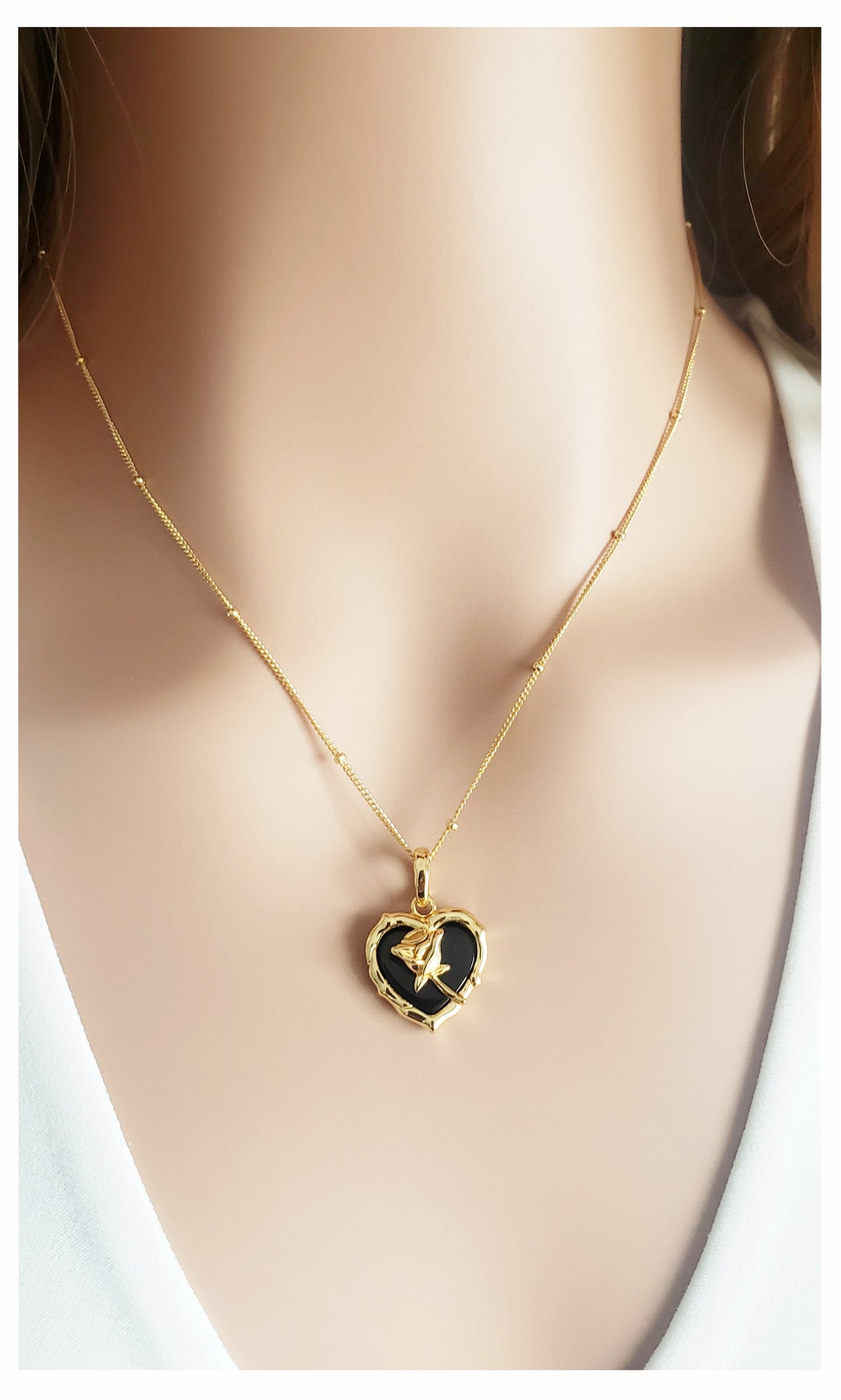 ROSE Black Onyx Heart Pendant Necklace 18K Gold Plated