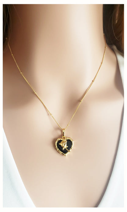 ROSE Black Onyx Heart Pendant Necklace 18K Gold Plated